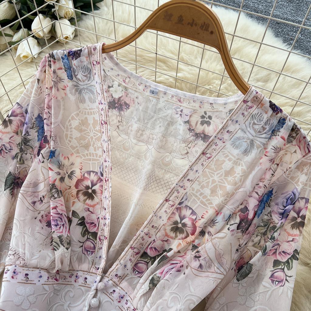 Summer Bohemian Printed Maxi Dress Women Deep V Neck Long Sleeve Lace Trim Cuff High Waist A‑Line Flowy Holiday Party Dress