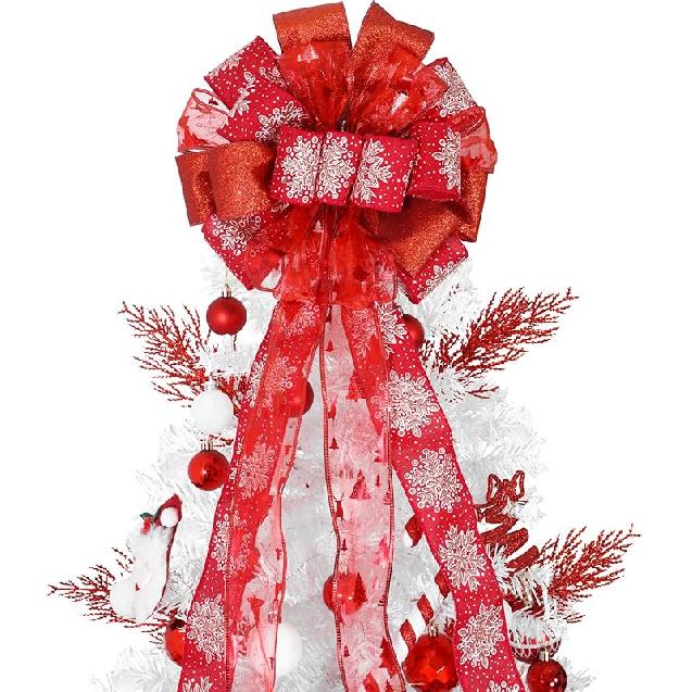 Christmas Tree Topper, 32x12 Inches Large Toppers Bow with Glitter Satin Mesh Streamer, Pink Christmas Tree Topper for Christmas Home Decoration