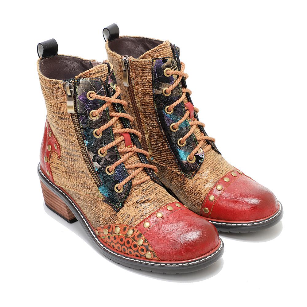 Johnature Echtes Leder Schuhe Damen Stiefel Runde Zehen Retro Handgemacht Reißverschluss Freizeit Nähen Prägnante Knöchel Plateaustiefel