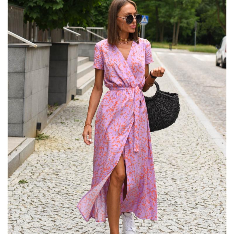Summer Short Sleeve Vintage Print Sexy Women Dresses Casual Elegant Slim Fit V Neck Floral Long Dress Women High Waist Lace-up Party Club Dress 26101