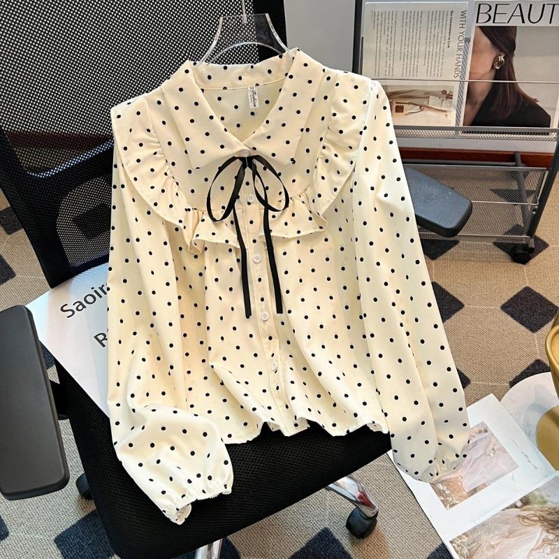 

Women s Cream Polka Dot Blouse with Ruffle Collar and Bow Tie Long Sleeve Casual Top S абрикосовый