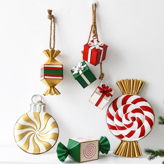 Metal Christmas Ornament Iron Gift Box/Candy/Drum Hanging Decorations for Christmas Tree Holiday Party Decor