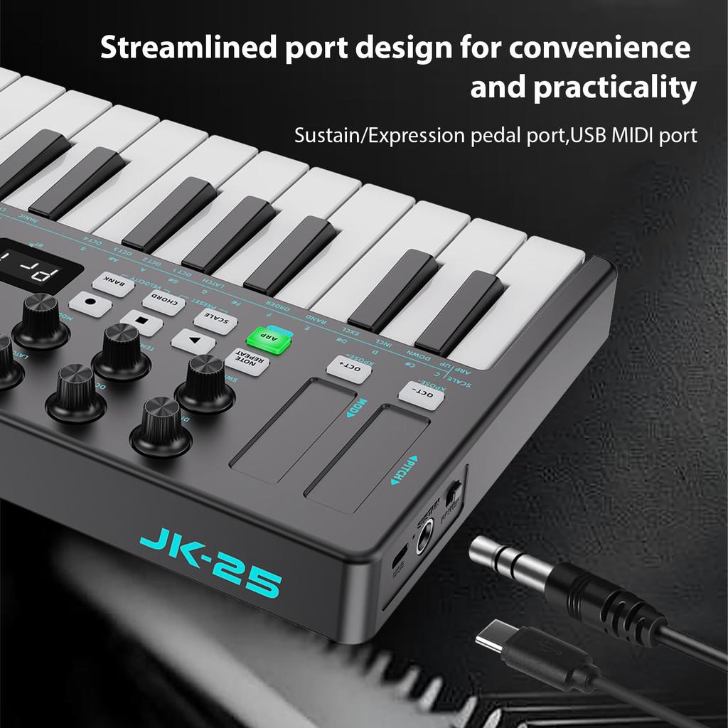 Btuty MIDI Keyboard with 2000mAh 8x4 RGB Multifunctional Mini Welocity Power 8 for Home Performance 25-Key High-Capacity Built-in Battery, Pads,