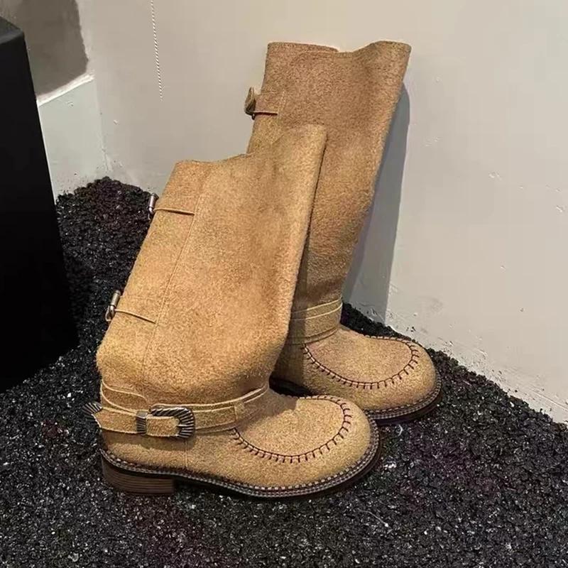 

Длинные сапоги для женской дизайнерской обуви на среднем каблуке Зимние массивные ботинки челси 2025 года Ботинки для ходьбы Готические ботинки Новый тренд Mujer De Botas 35 хаки