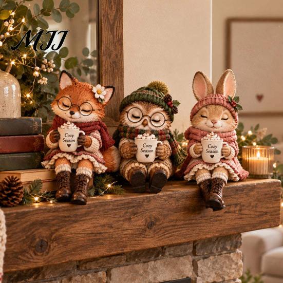Soft Aesthetic Room Ornaments Christmas Animal Shelf Sitter Figurine, Woodland Statue with Mug, Dangling Leg Detailed Texture Figurines Mantel Decor,