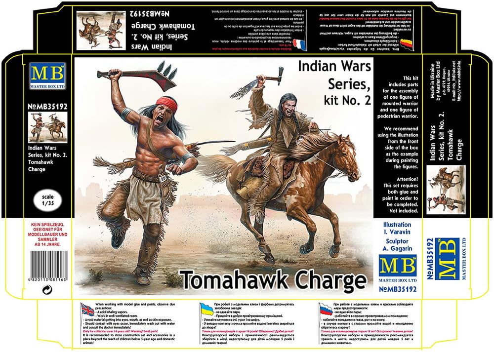 Master Box 1/35 Scale Indian Wars Tomahawk Charge, 2 Native American Soldiers + Horse, Plastic Model, MB35192
