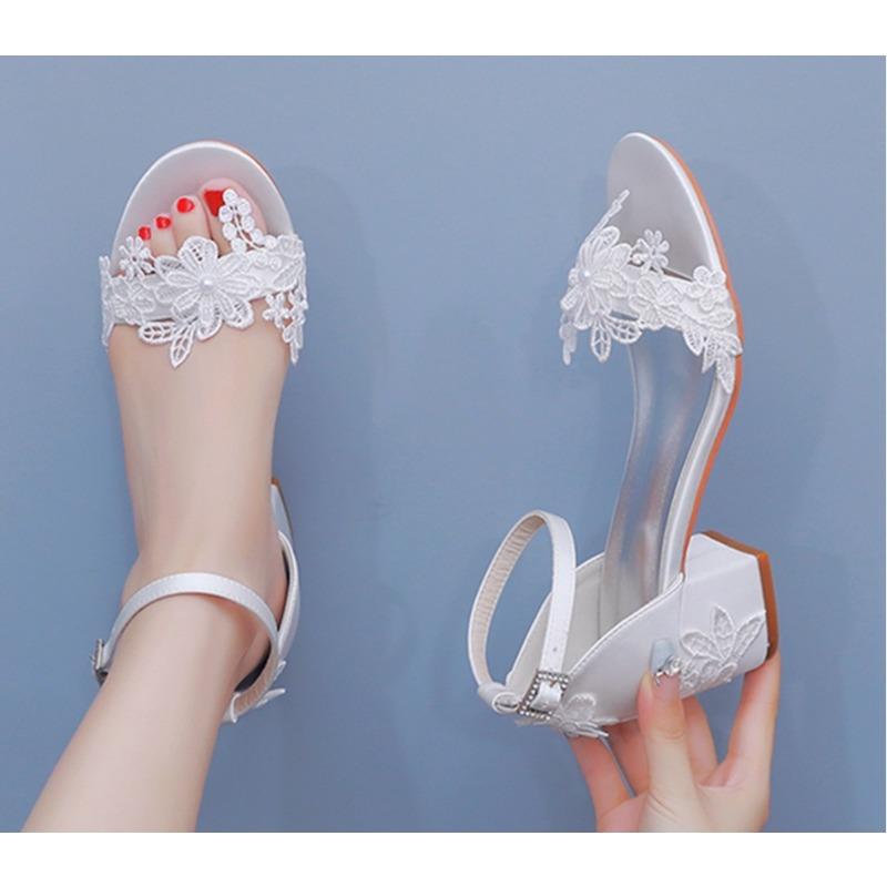 5cm Square Heel Sandals White Lace Flower Bridal Shoes Women