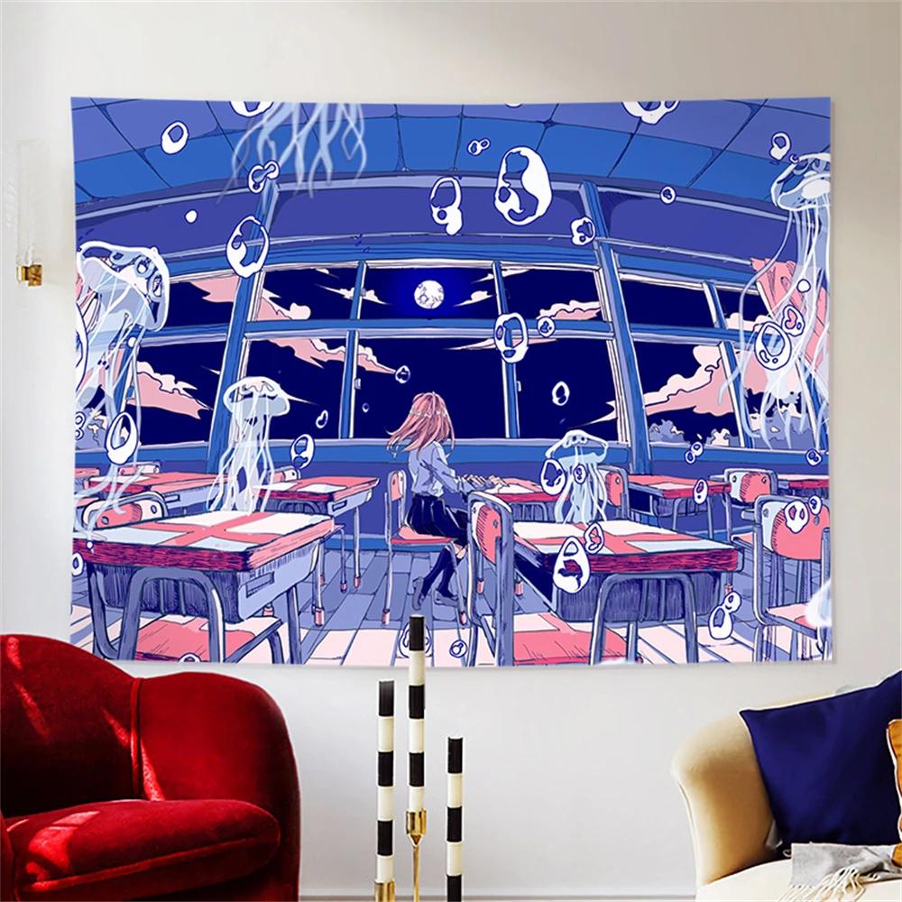 Japanese Handpainted Illustration Printed Tapestry Cartoon Anime Whale City Landscape Tapestry Wall Hanging Kawaii Room Decor
