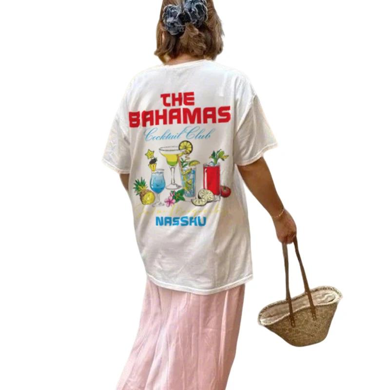 

Bahamas Print Women Tshirt Cocktail Club Graphic Top Short Sleeve Cotton Tee Retro Aesthetic Coastal Beach T Shirt Oversized 2XL