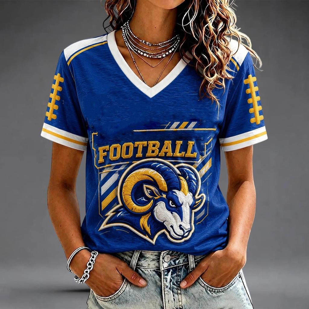 Casual V-hals T-shirt met korte raglanmouwen en rugbyprint voor dames