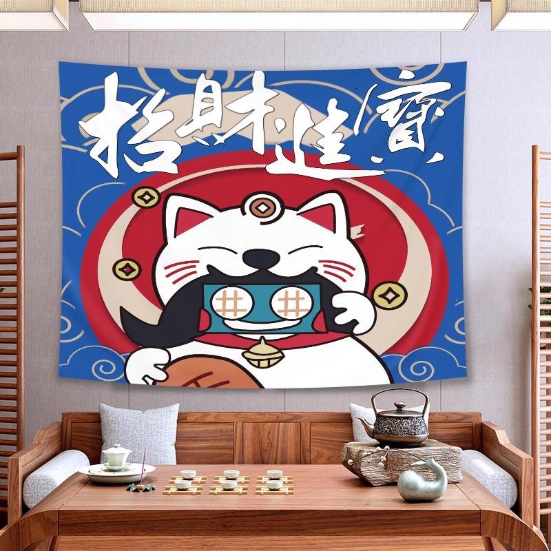 Maneki Neko Tapestry Wall Hanging Koi Fish Torii Sakura Fan Japanese Wave Cute Aesthetic Wall Art Bedroom Decor