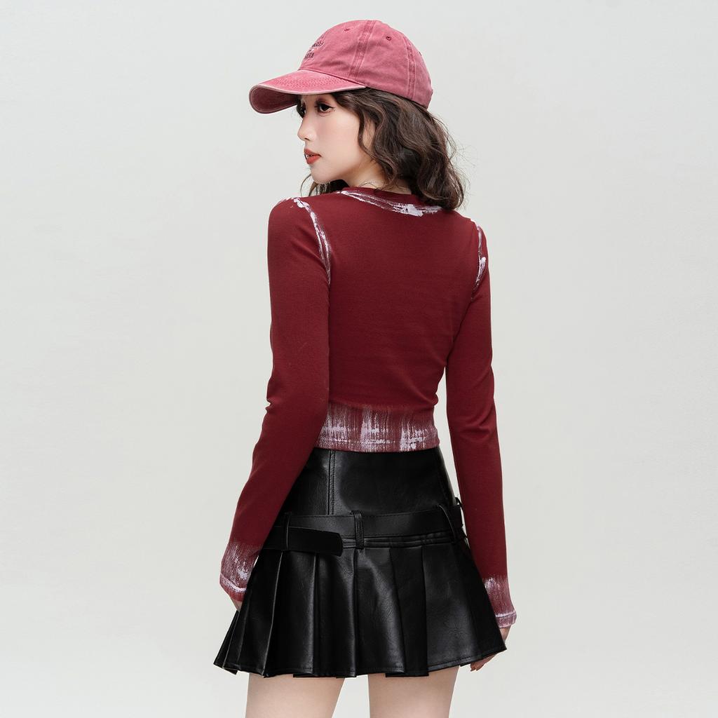 Color Brushing Craft Spicy Girl Short T-shirt Fashionable Spring and Autumn Style Personalized Long-sleeved Round Neck Slim Fit Inner Top