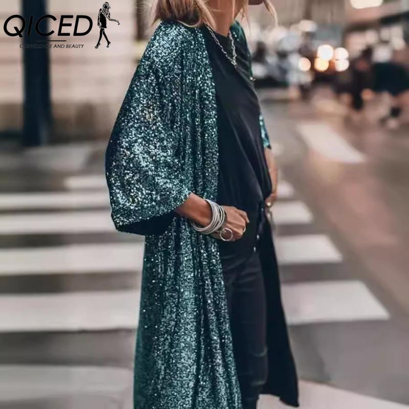 

QICED женские модные повседневные осенне-зимние кардиганы с длинными рукавами M темно-зеленого