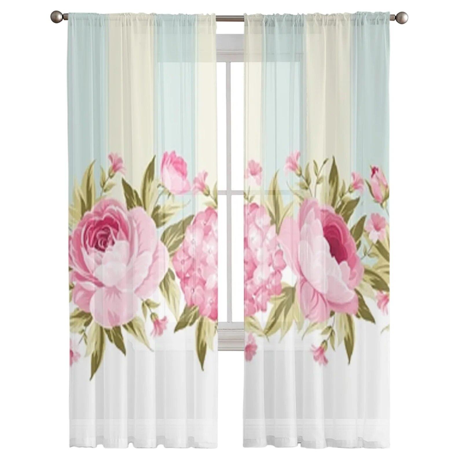 

Прозрачные шторы с весенними цветами в винтажном стиле, вуаль для спальни, прозрачные шторы для окон, кухни, тюлевые шторы 135W x 114H(cm)