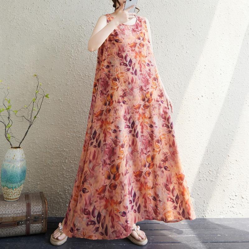 Real shot summer new bohemian long dress fattened plus sleeveless crew neck printed dress women