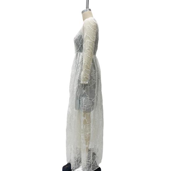 Women Evening Dress Deep V Neck Lace Floral Embroideried Maxi Dress A-line Big Swing Long Lantern Sleeves High Waist Pleated Ball Gown Prom