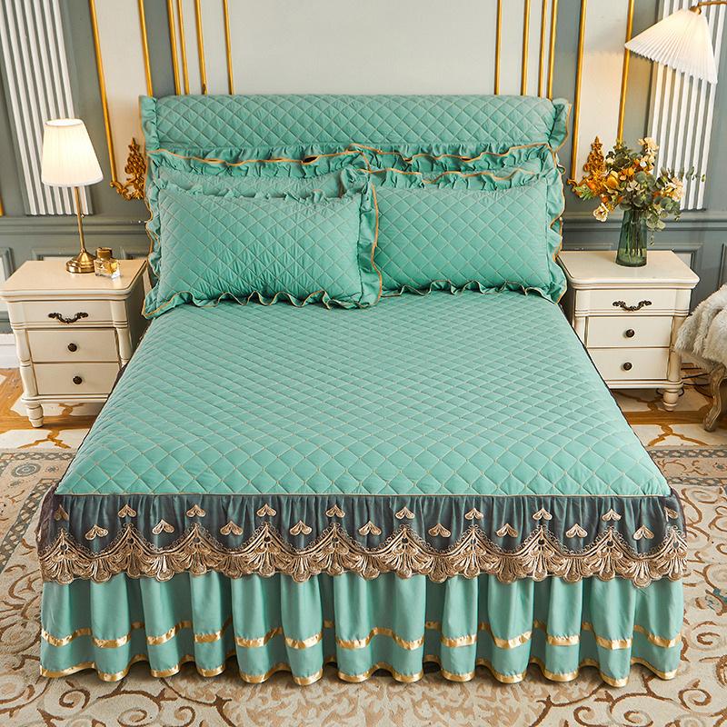 

Европейский однотонный стиранный стеганый комплект из четырех предметов кружево кружево принцесса ветер покрывало для кровати противоскользящий фиксированный скандинавский Customize any size оливковое зеленый