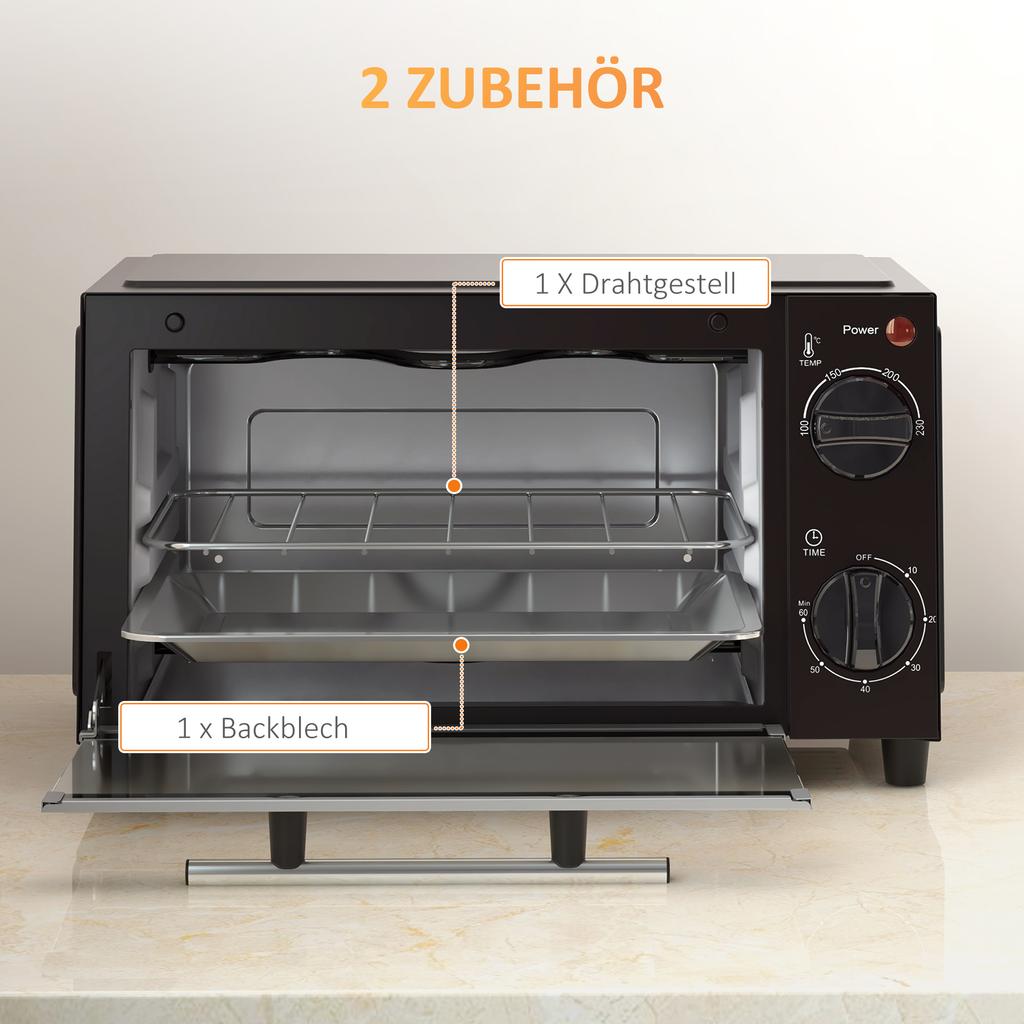 Mini Oven, 9 Liter Capacity, Adjustable Temperature and Cooking Time, with Grill Rack and Baking Tray, Black