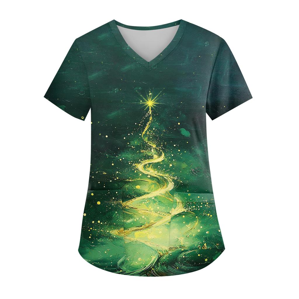 Women's V-neck Christmas Print Short-sleeved Pocket Side Slit Uniform Top