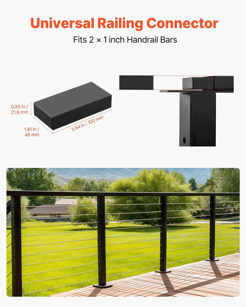 2 Pack Handrail Connectors, Flat Extension Stair Railing Accessories, POM Hand Rail Connector Fittings for Rectangular Cable Railing, Deck Cable Rail