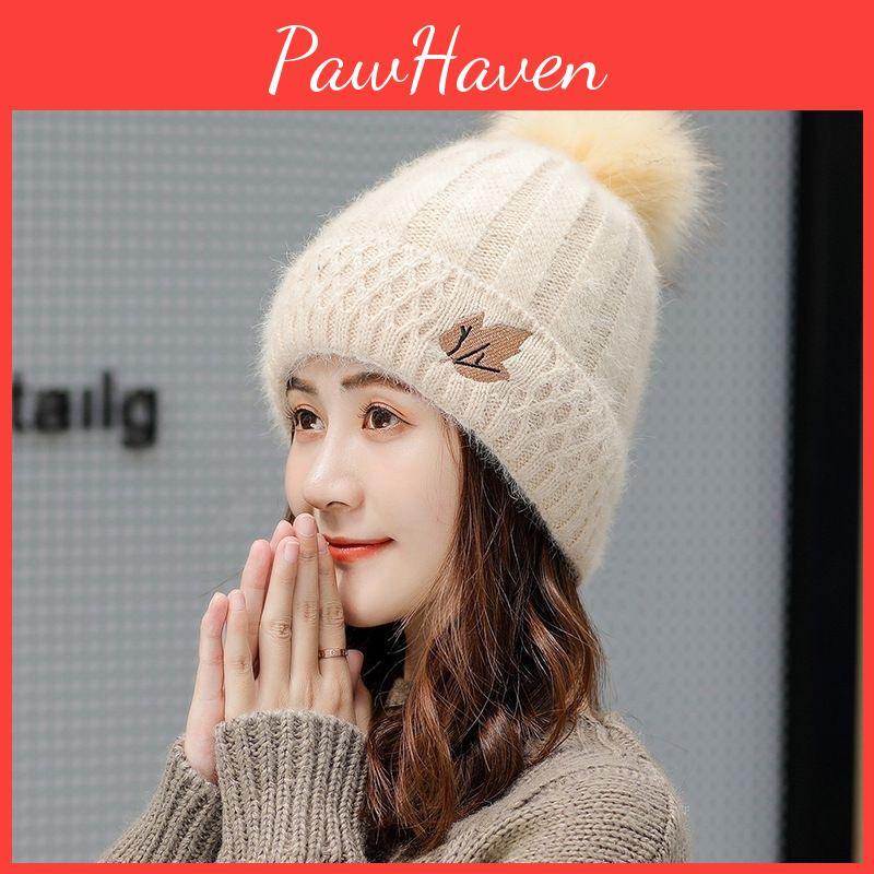 Winter And Autumn Ladies Versatile Thick Woolen Hat With Plush Warm Knitted Pullover Cap
