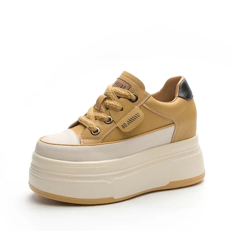 Fashion Retro 9cm Cow Suede Genuine Leather Women Vulcanized Shoes Platform Wedge Skate Boarding High Brand Heels Casual Stable Shoes