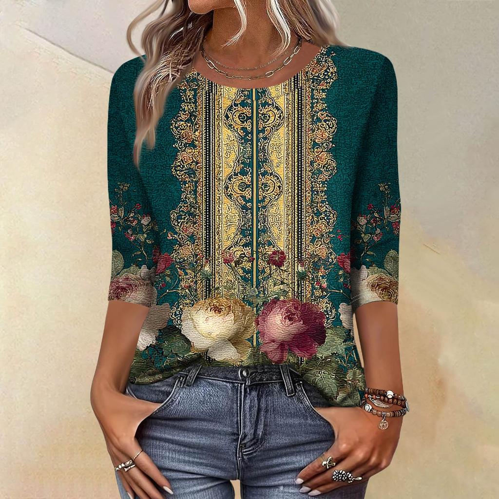 Módní vintage top s 3/4 rukávem pro ženy, dámská ležérní halenka s tříčtvrtečním rukávem a kulatým výstřihem s potiskem