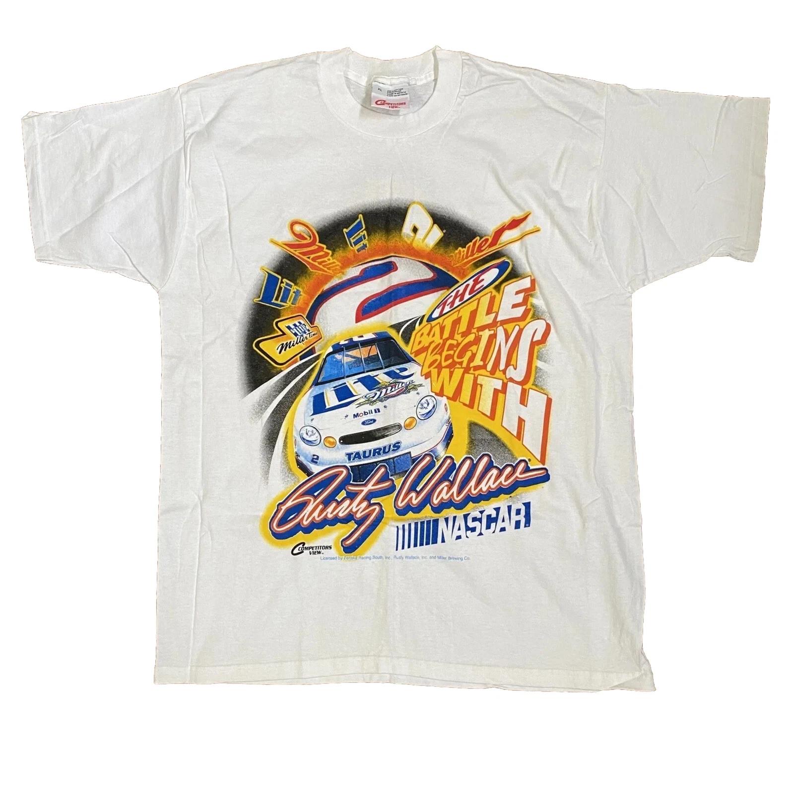 Rusty Wallace Mens XL Vintage 1990s Nascar Miller Lite Shirt White Ford Taurus XL
