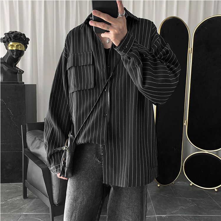 Men's Spring and Fall Striped Shirt Stand-up Collar Casual Shirt Large Size Shirt