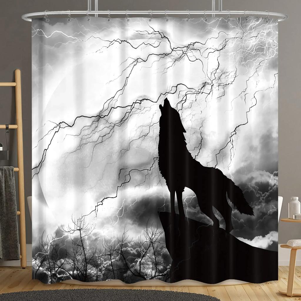 Cortina de ducha de ciervo Silueta de animal colorida Elementos navideños Tablones de madera Tema Tela Tejido Juego de decoración de baño con ganchos