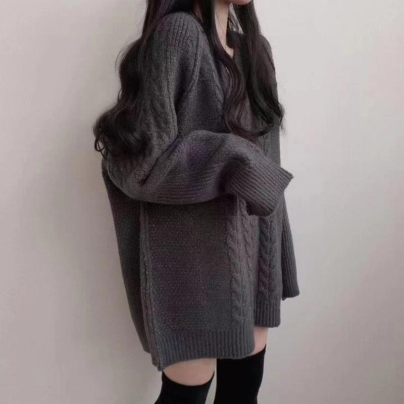 Autumn Winter Twist V Neck Loose Women Pullover Sweater Korean Fashion Casual Simple Office Medium Long Knitted Tops Elegant Retro Versatile Clothing