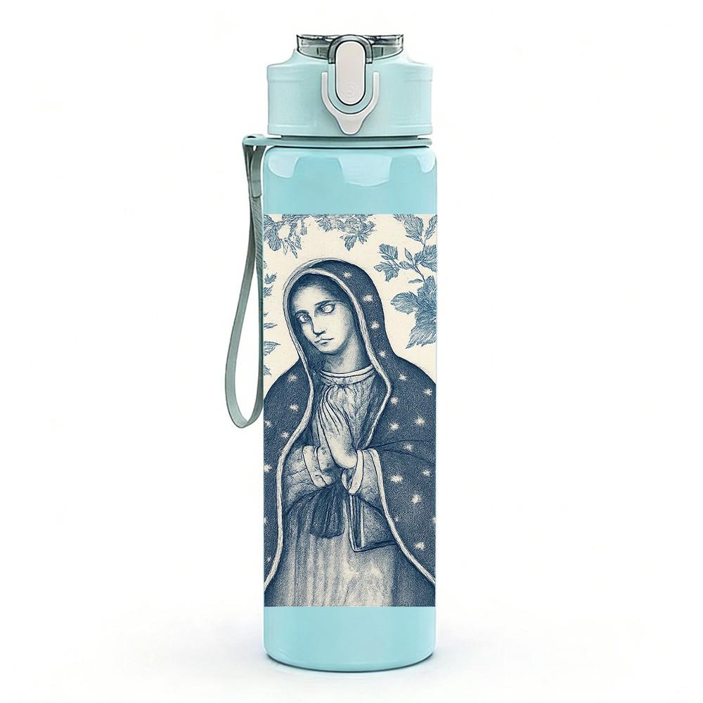1PC Blue Tone Virgin Mary Portrait 750ml Color Plastic Sports Water Bottle Leakproof Flip Straw Lid For Sports Office Home Use