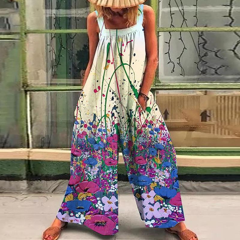2026 Summer Plus-Size Women's Printed Strappy Wide-Leg Jumpsuit