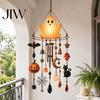 Outdoor Garden Decoration Halloween Luminous Ghost Wind Chime, Glow-in-The-Dark Hanging Ornament with Pumpkin Bat Weatherproof Metal Pendant