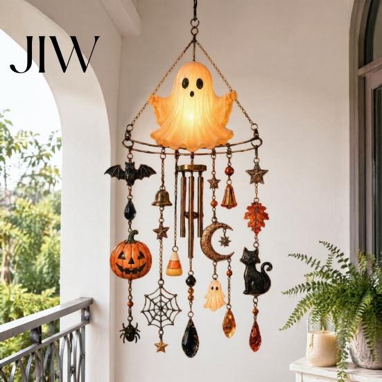 Outdoor Garden Decoration Halloween Luminous Ghost Wind Chime, Glow-in-The-Dark Hanging Ornament with Pumpkin Bat Weatherproof Metal Pendant