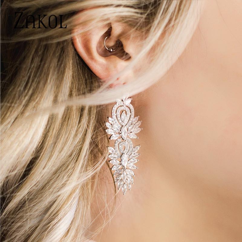 Luxury Leaf Marquise Zircon Long Drop Dangle Earrings Shiny AAA Cubic Zirconia Bridal Women's Wedding Party Zircon Accessories