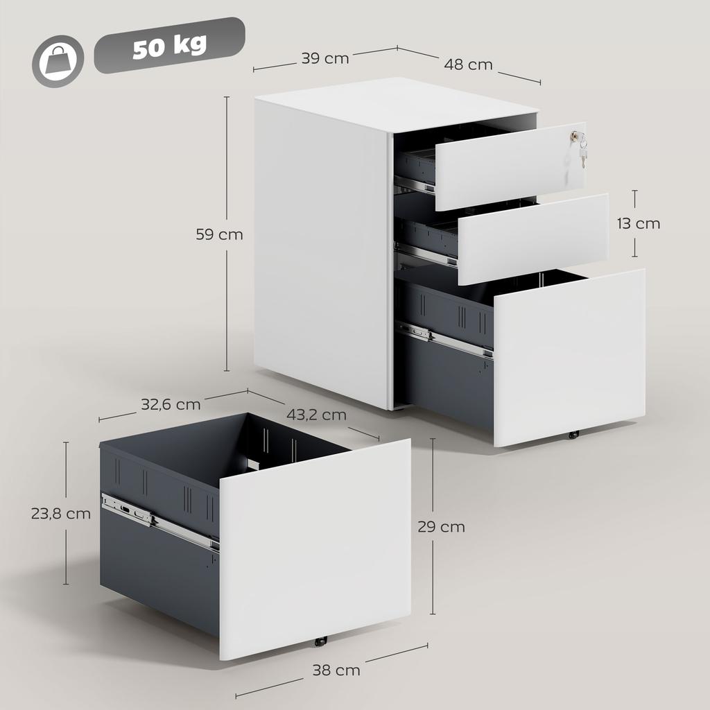 Lockable Cabinet, Rolling Filing Cabinet with 3 Drawers, Steel Office Drawer Unit for A4, Letter, Legal Sized Files