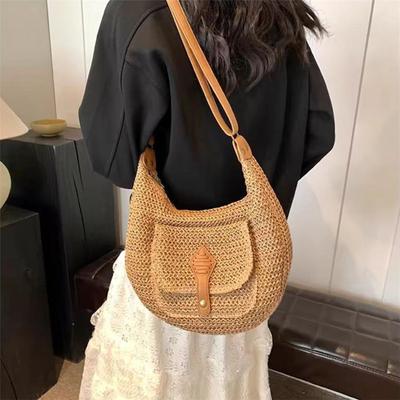 Women's Fashi Large Capacity Woven Straw Crossbody Bag, Saddle Dumpling Shape Hobo Satchel, Ideal for Vacati Travel Shopping