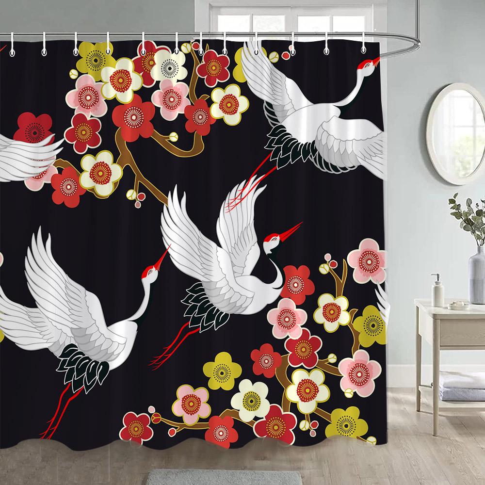 Asian Shower Curtain Traditional Chinese Pine Trees and Crane Flying Landscape Art Fabric Bathroom Decor Bath Curtains Set Hooks