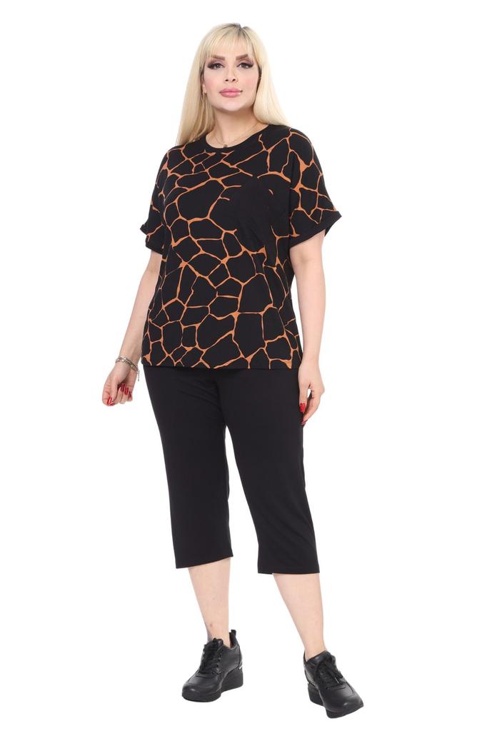 Damenstil Große Größe Unter-Ober Team Große Größe Schwarzes Steinmuster Kurzarmtasche Capri Anzug