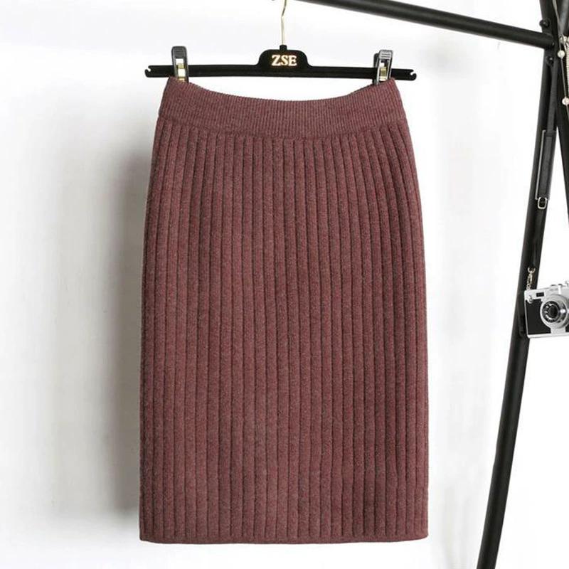 Automne Hiver Élégant Taille Haute Femmes Jupe Crayon Moulante Couleur Unie Dame Bureau Jupe Tricotée Jupe Plissée Femme