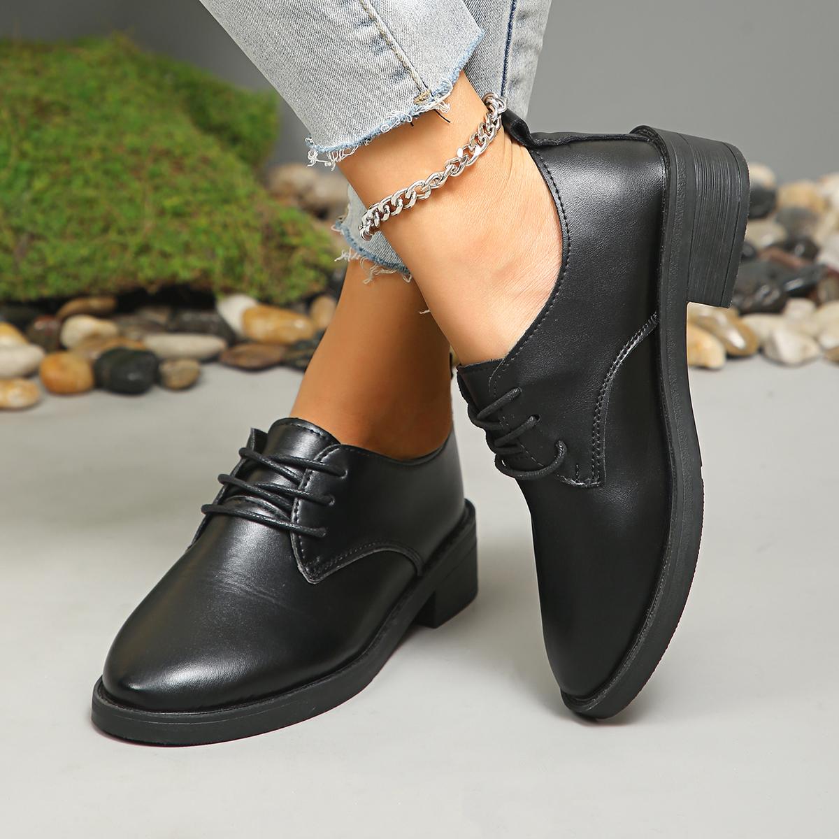 

Модные осенние женские туфли на шнуровке на каблуке, новые туфли-лодочки с острым носком, туфли на толстом каблуке для женщин, деловые женские туфли-оксфорды, обувь Zapatos 35 чёрный