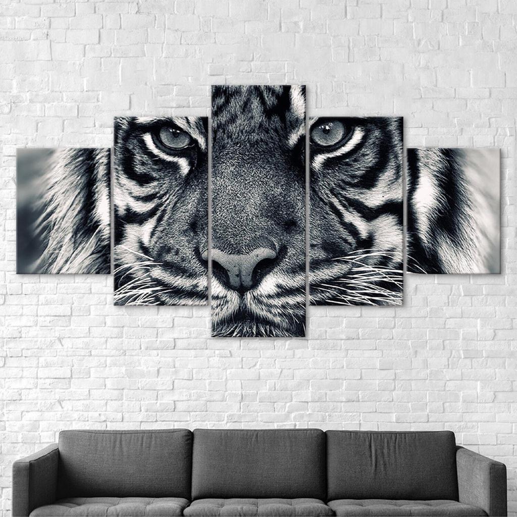 White Tiger Face 5 Piece Five Panel Wall Canvas Print Modern Poster Picture Home Decor Gift For Him For Her