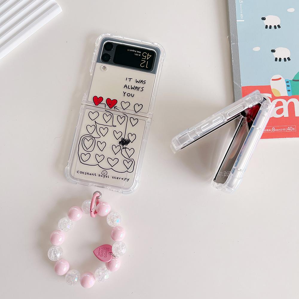 For Samsung Galaxy Z Flip 4 3 Case Love Heart Pattern Painted Transparent Silicone Bracelet Folding Shockproof Cover Accessories