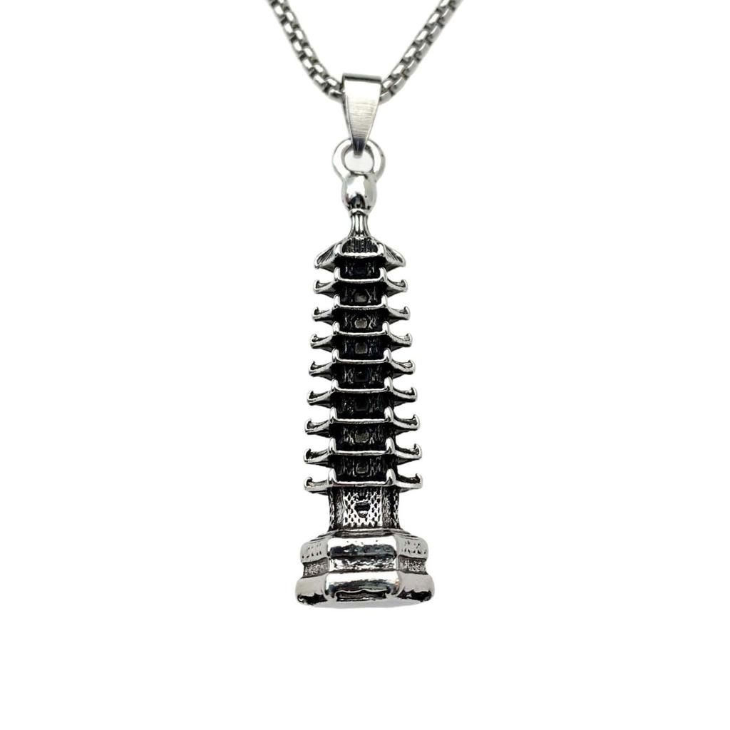 Chinese Style Guochao Retro Wenchang Tower Nine-Story Tower Pagoda Pendant Trendy Men Hip-Hop Titanium Steel Necklace