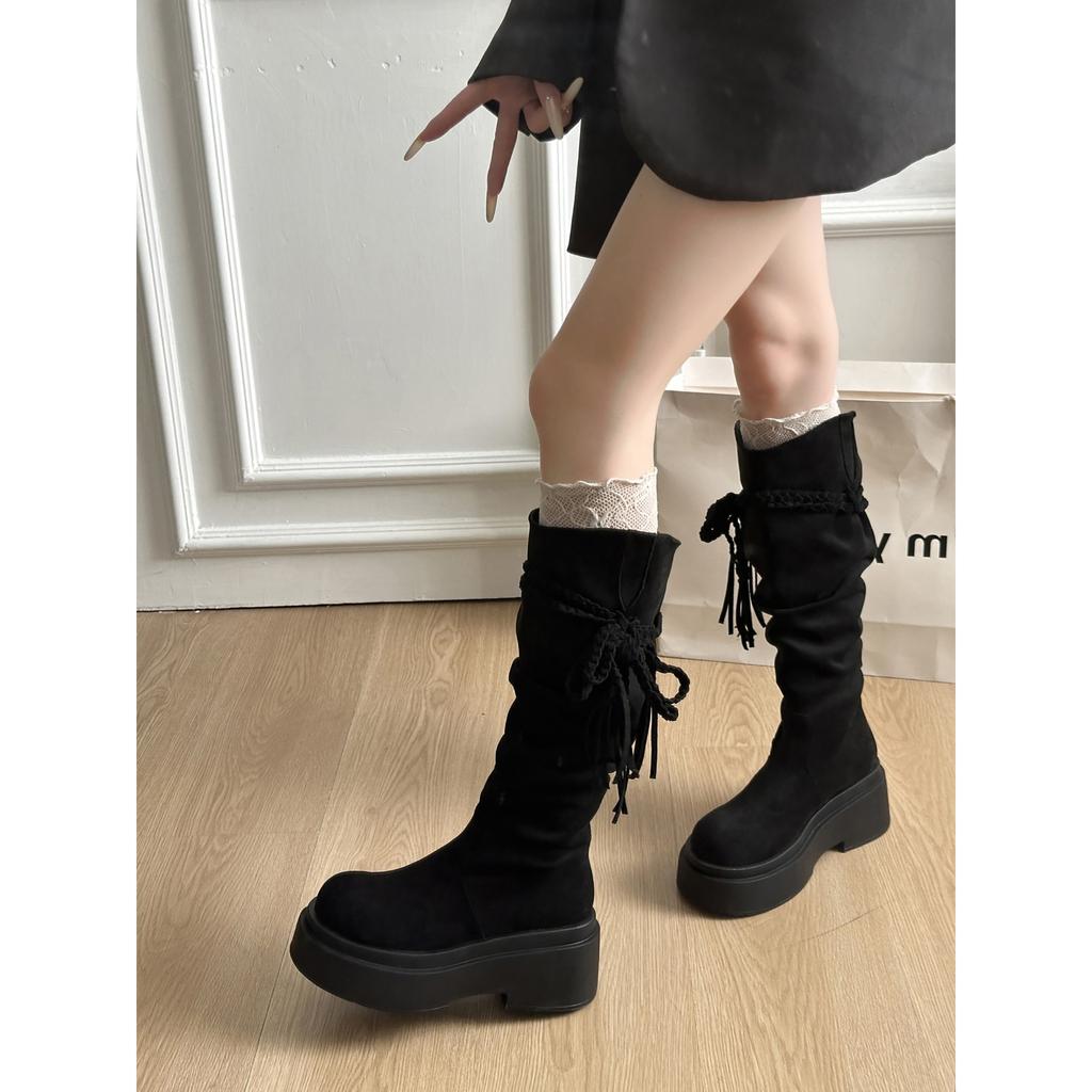 Khaki Retro Kniehohe dicke Sohle Stiefel Damenstiefel Herbst Kleine Absatzsteigerung Ritterstiefel