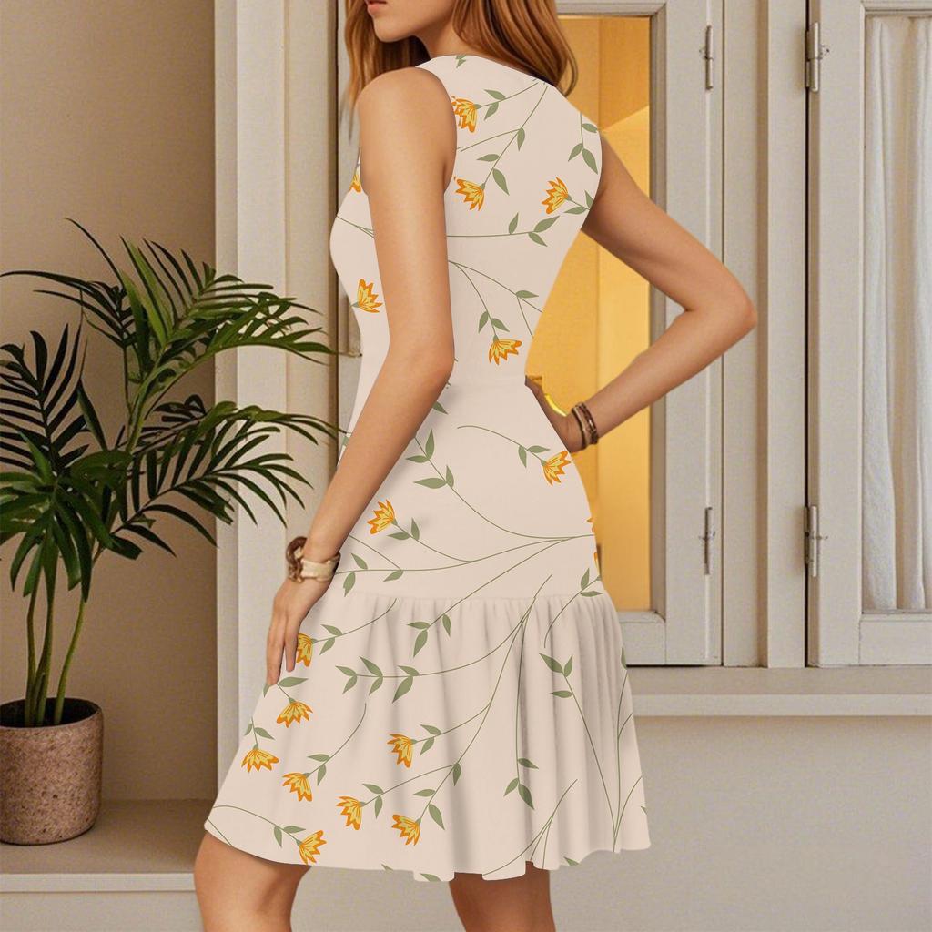 Women's Summer Dress V Neck Sleeveless Casual Floral Print Hem Pleated Dress
