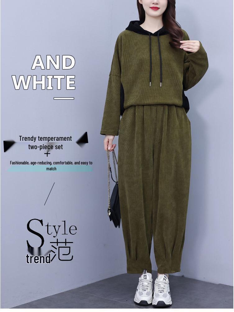 Zesílený manšestrový módní set s kapucí - Nadměrná velikost podzimní ležérní dvoudílný outfit