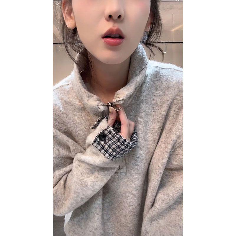 Stand-up Collar Velvet Half-zip Sweatshirt for Women Autumn and Winter New Thickened Warm Plaid Splicing Top