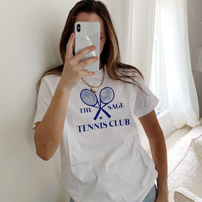 Tennis Club Tennis Club Letter Fitness Girl Sports Shoulder Pure Cotton Short Sleeve T-shirt